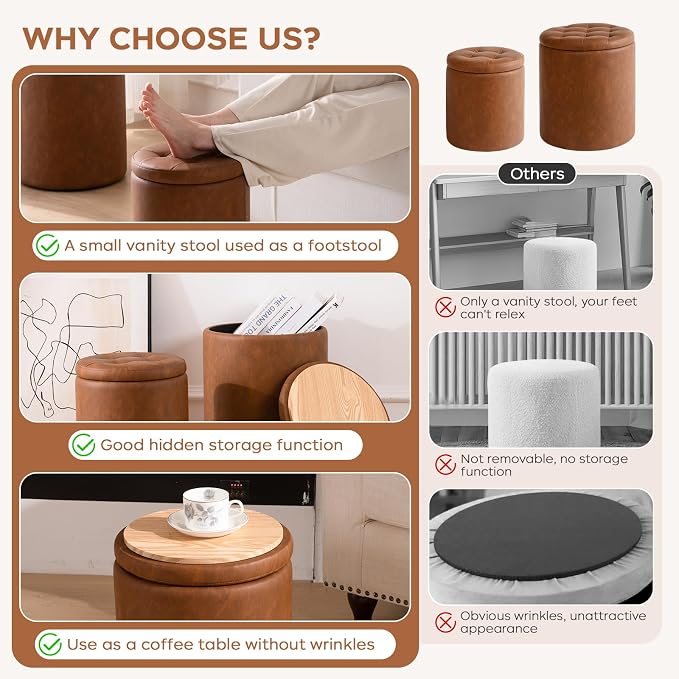 Round Ottoman with Storage Set of 2, 12.6"W x 14.17"H & 14.76"W x 17.32"H Faux Leather Button Tufted Storage Ottoman, Boucle Vanity Stool Footrest Coffee Table for Living Room, Bedroom, Brown