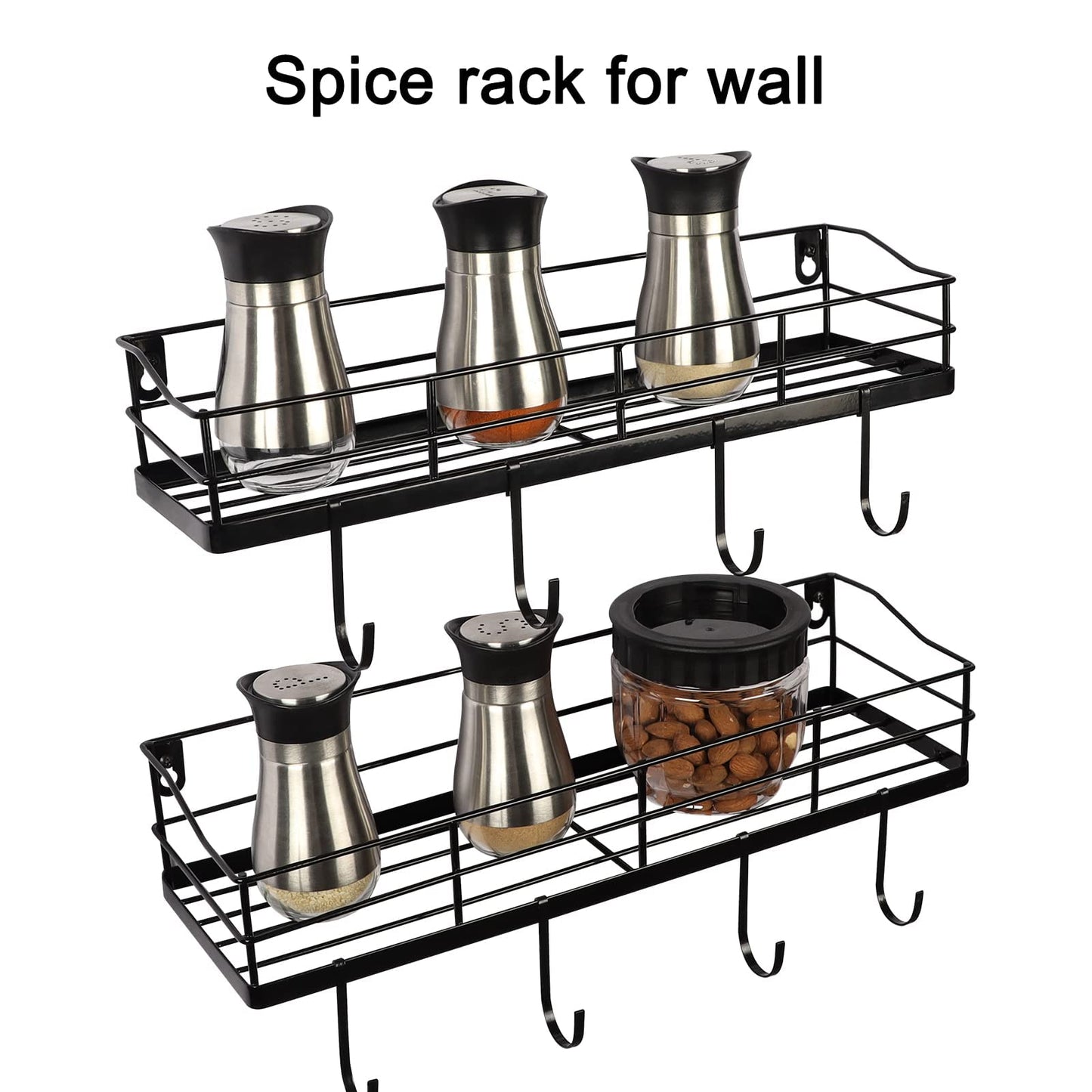 Lyeasw Black Floating Shelves Wall Mounted with 8 Removable Hanging Hooks, 15-Inch Adhesive Shower Shelf Organizer for Bathroom Kitchen Storage Rack, Set of 2