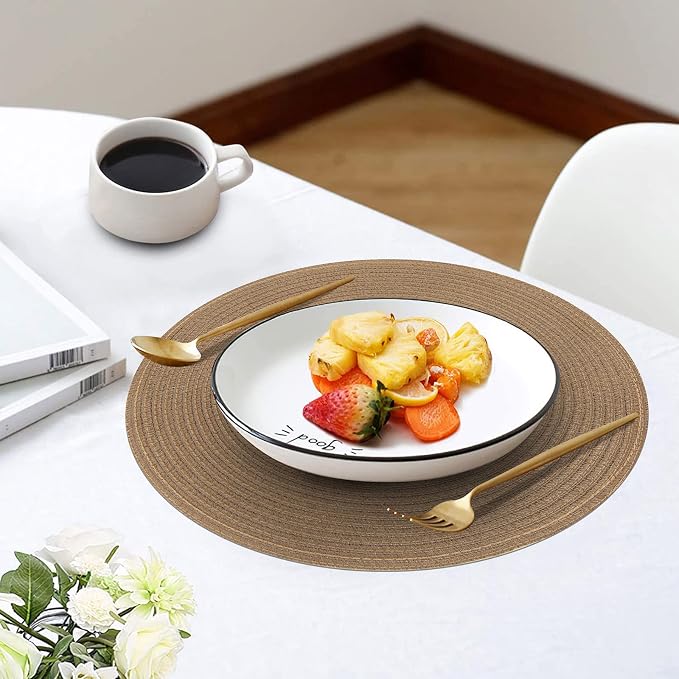 SHACOS Round Braided Placemats Set of 8 Washable 15 inch Round Table Mats Woven Place Mats for Dining Table (Brown, 8)