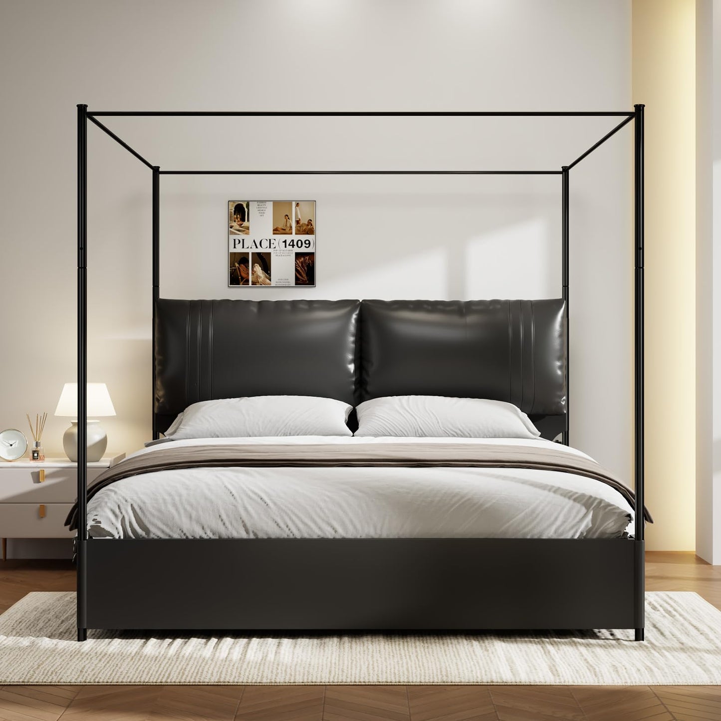 SAMTRA Modern Canopy Bed Frame with Upholstered Faux Leather Headboard – Tall Four Poster Metal Platform Bed, No Box Spring Needed, King Size, Black