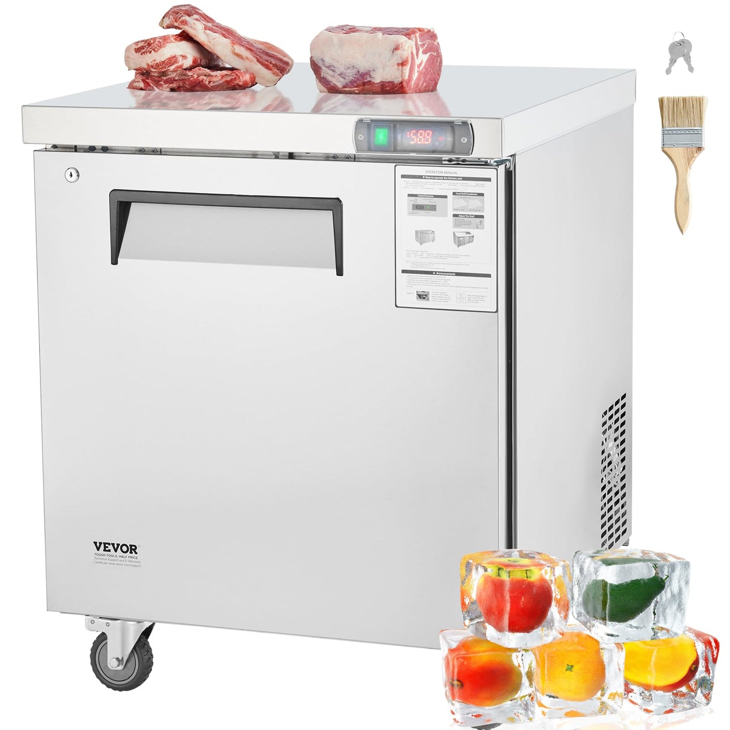 VEVOR 28" W Commercial Freezer Worktop, 7.4 Cu. Ft Undercounter Freezers with/Casters, <0~-8℉>Defrost Frozen Prep Table, Single Door Stainless Steel Food Frozen Prep Station for Restaurant, Diner