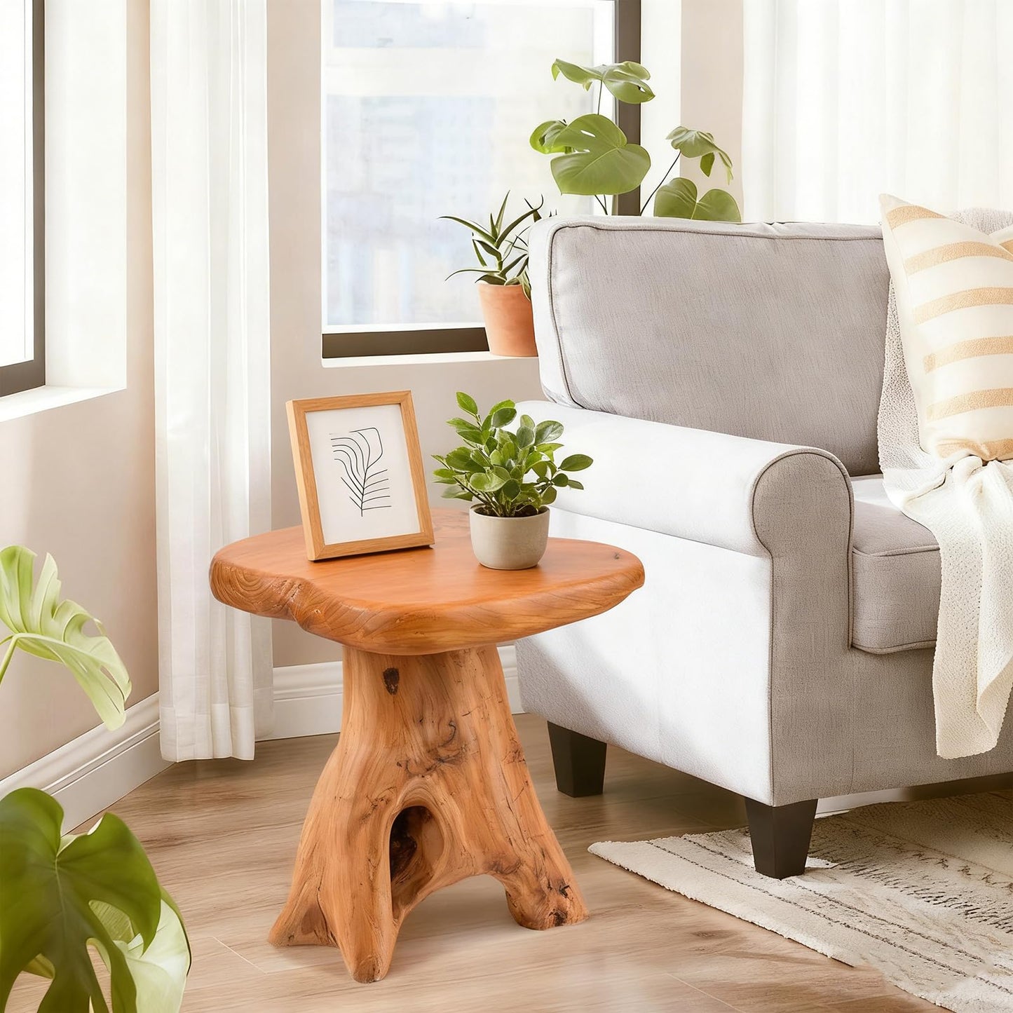 GJRIEFD Small Side Table, Freeform Live Edge Wood Stool, Unique Design Natural Plant Stand for Patio, Garden, Yard, Living Room, Bedroom