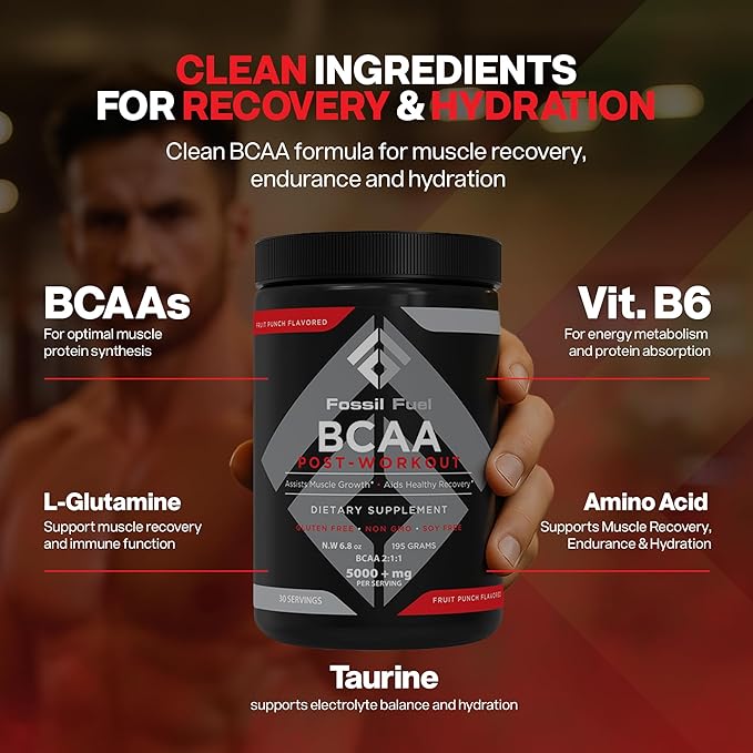 Fossil Fuel BCAA Sugar-Free Post-Workout Powder with BCAA?™s, Glutamine, Vitamin B6 Essential Amino Acids for After Workout Muscle Recovery, Endurance and Hydration Fruit Punch (30 Servings)