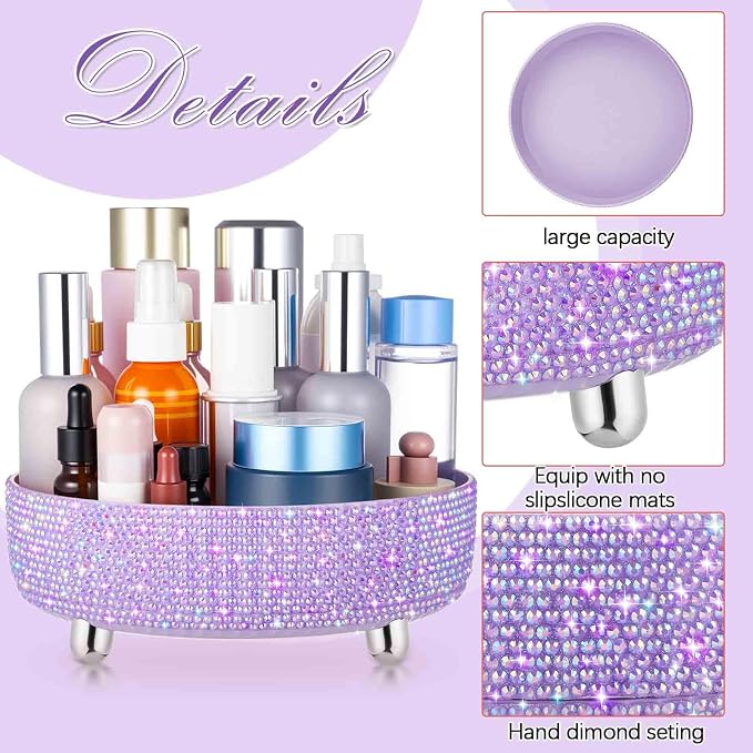 Honeydak 360 Rotating Perfume Organizer Gift for Women, Rhinestone Preppy Skincare Organizer Bathroom Counter Makeup Holder Skincare and Perfume Storage for Cosmetic(1 Tier,Resin Diamond,Purple)