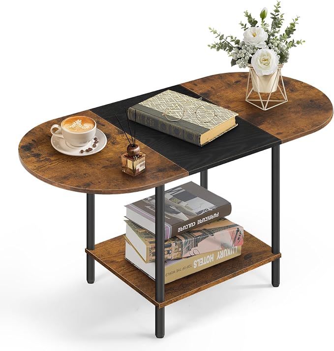 Small Coffee Tables for Living Room,Mid Century Oval Center Table with Storage Shelf and Wood Tabletop,2-Tier Farmhouse Narrow Cocktail Tea Table for Small Space,Apartment,Rustic Brown