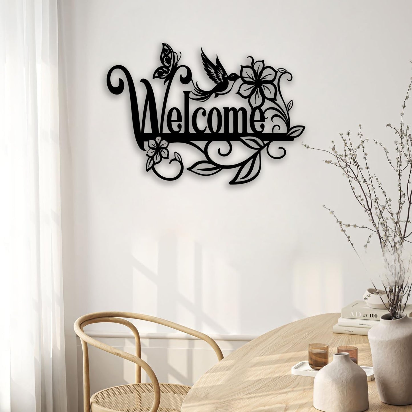 OPTYBVFD Welcome Sign Flower Butterfly Metal Wall Decor - Room Decor Wall Art Home Decor for Living Room, Outdoor, Garden, Farmhouse (Black)