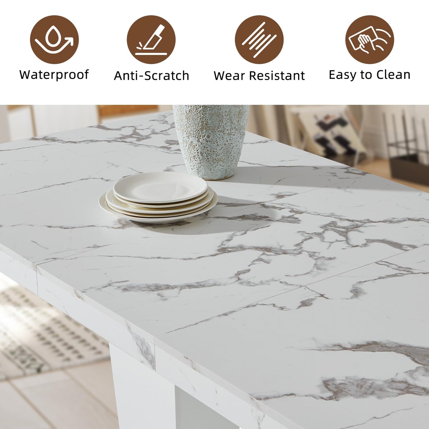 Senfarime Dining Table Extendable 63 in-79 in for 4-8 Expandable Wood Rectangle with Fluted Base for Dining Room Kitchen Living Room Furniture Marble White