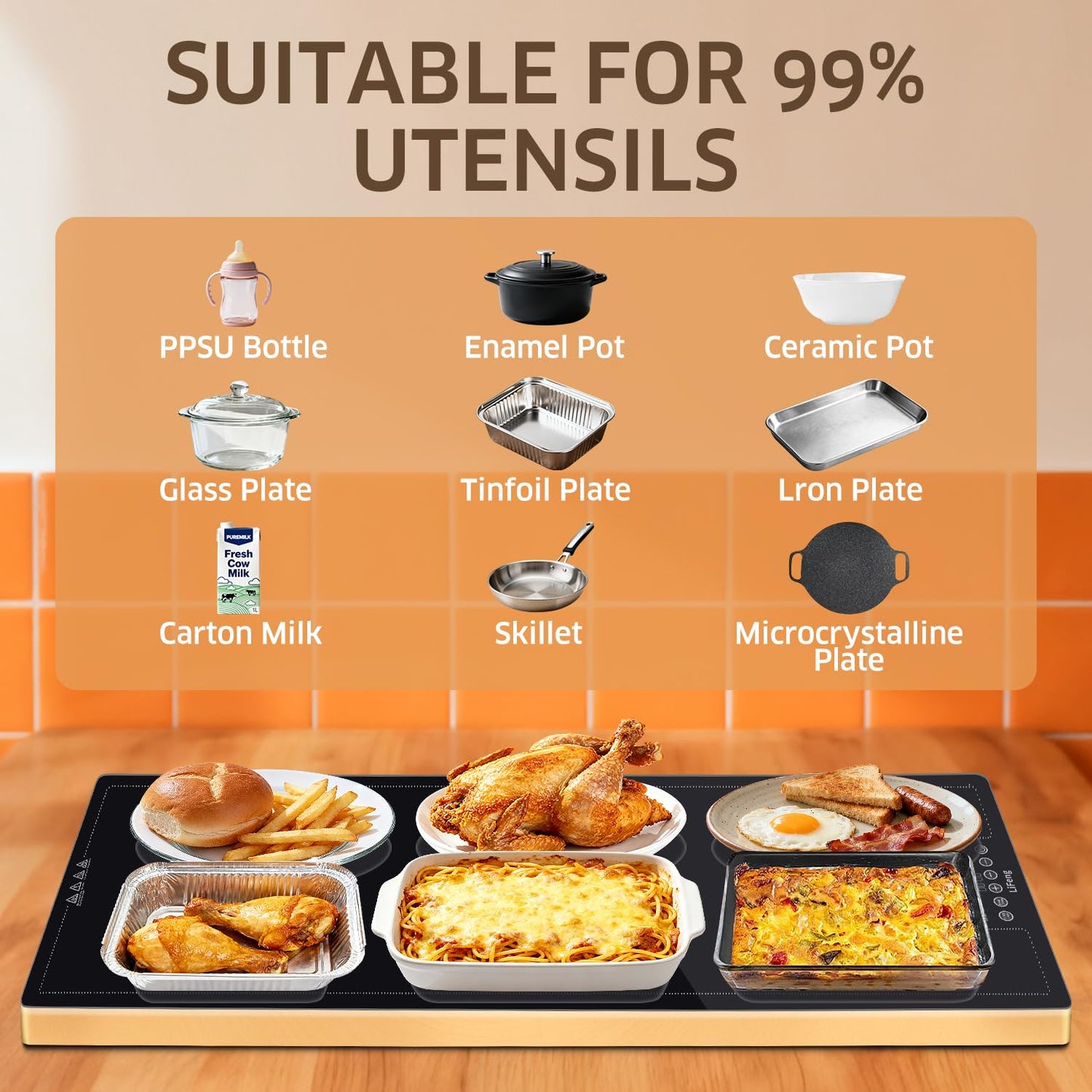 LIFENG Electric Warming Tray 40" x 14" – Glass-Top Full-Surface Food Warmer with 6 Temperature Modes & Timer, Warming Tray for Buffets, Parties, Sabbath, Holidays & Everyday Dining,Black