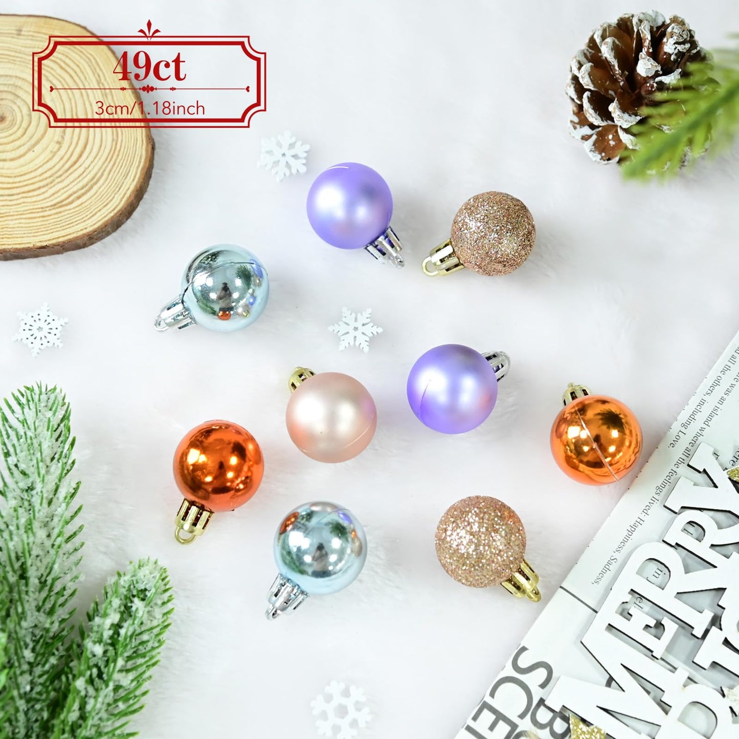 49PCS Mini Christmas Balls Ornaments Set - 3cm/1.18” Small Christmas Tree Ornaments for Mini Tree Decorations, Shatterproof Hanging Ball Bulk for Xmas Holiday Wreath Decor