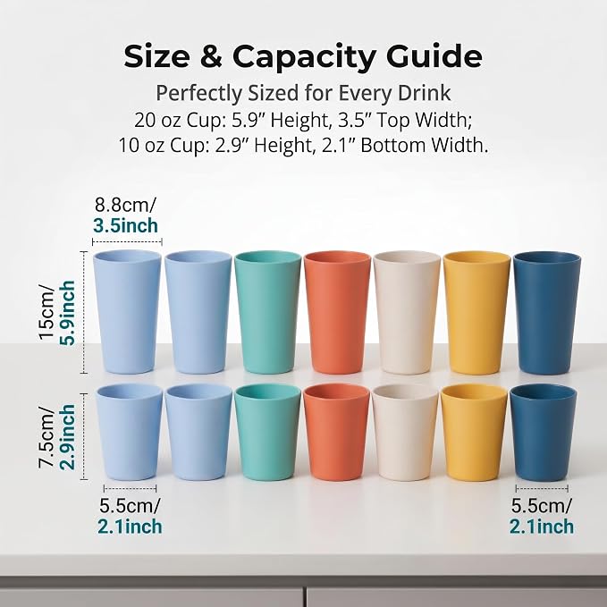 12 Pack Premium Wheat Straw Cups, 6 Pcs 20 oz & 6 Pcs 10 oz Unbreakable Drinking Cups, Alternative to Plastic Cups Sets, Reusable Water Glasses Tumbler, Microwave & Dishwasher Safe, Bpa Free, 6 Colors