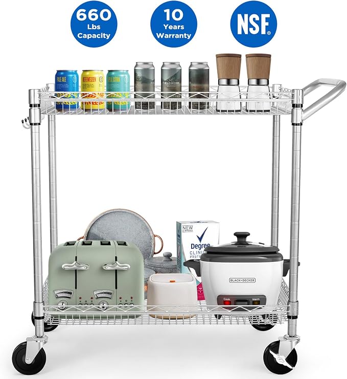 WDT Heavy Duty 2 Tier Rolling Cart, NSF Listed, 660Lbs Capacity, Commercial Grade Metal, 35.63"x18.1"x33.93"