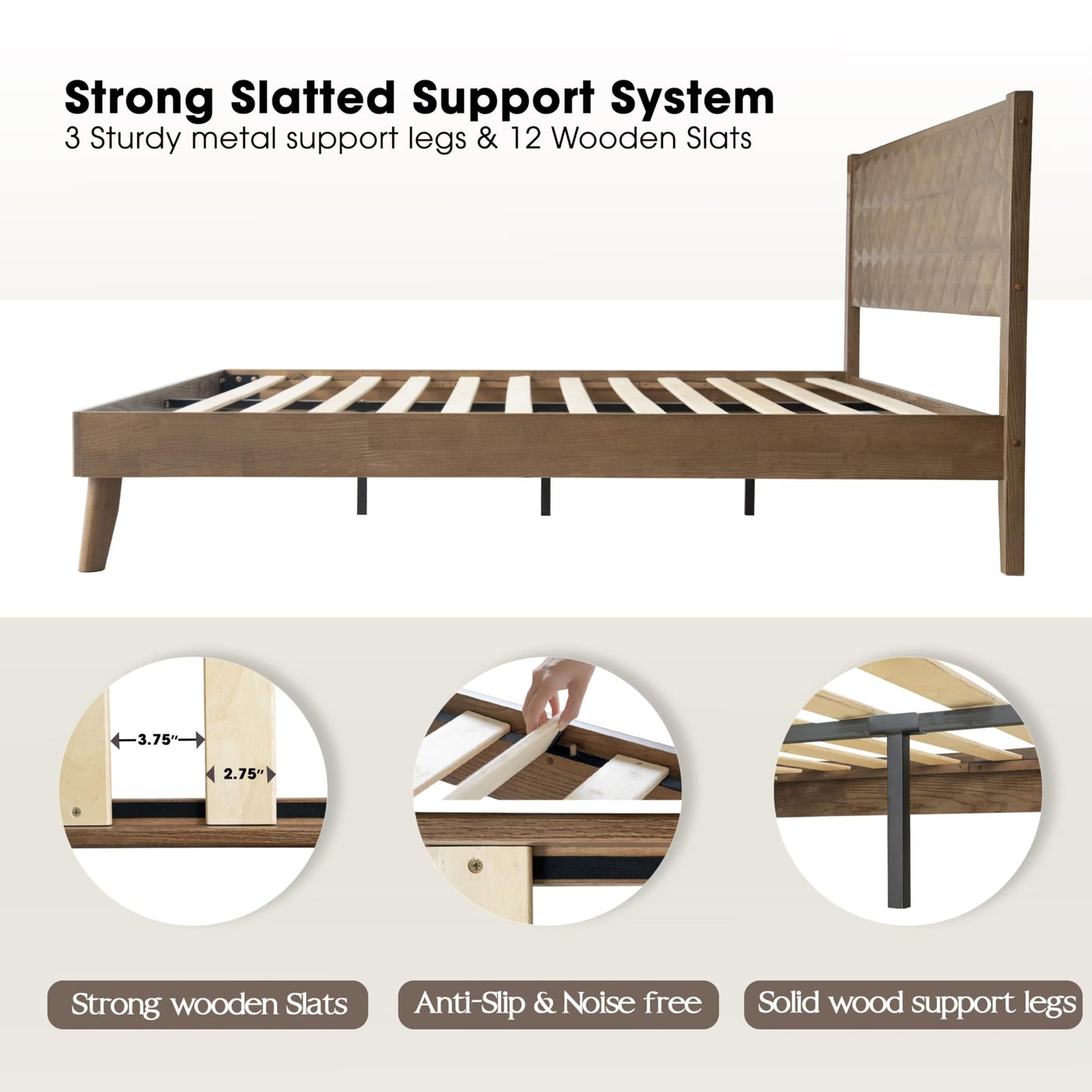 King Size Platform Bed Frame with Headboard & Footboard, 12 Stable Slats with Center Metal Legs, Easy Assembly, Noise-Free & Slip-Free Design, No Box Spring Needed, Barnwood Finish UPK-30