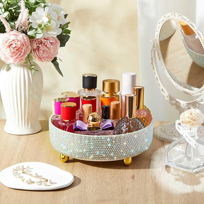 Honeydak 360 Rotating Perfume Organizer Gift for Women, Rhinestone Preppy Skincare Organizer Bathroom Counter Makeup Holder Skincare and Perfume Storage for Cosmetic(1 Tier,Resin Diamond,AB Color)