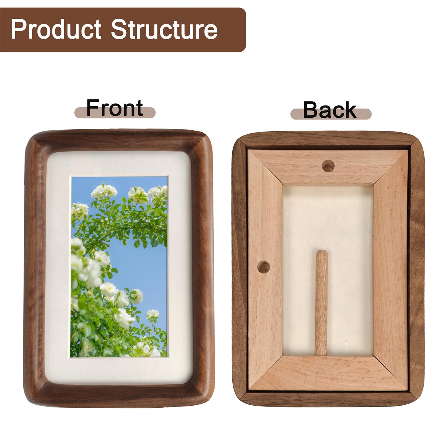 RRQKMBO 4x6 Picture Frame with Mat to 3.5x5, Natural Dark Walnut Wooden Handcrafted Frame Rounded Corner with Real Glass, Vertical or Horizontal Display for Photo Wall & Tabletop