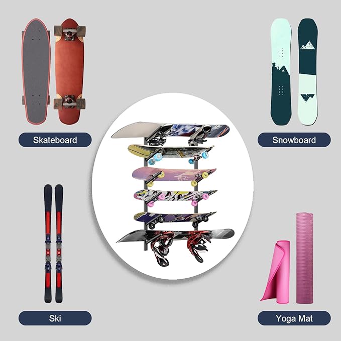 Skateboard Rack Wall Mount ??Skateboard Wall Hanger, Snowboard Display Wall Mount, Ski Holder | 6-Floor Skateboard & Ski & Snowboard Storage Rack | Snowboard & Ski Lover Gifts
