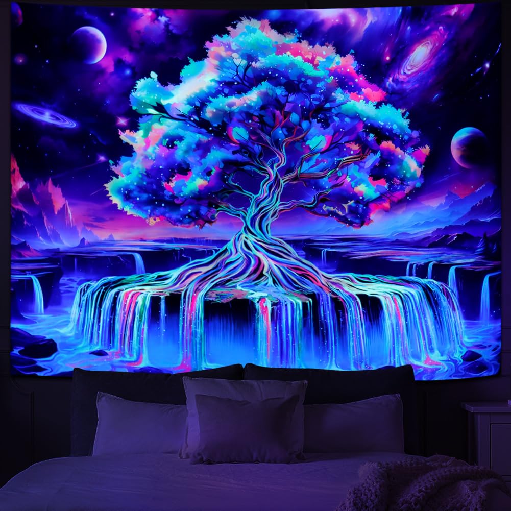 Obsecolors Blacklight Tree of Life Tapestry UV Reactive Waterfall Tapestry Galaxy Space Aesthetic Tree Wall Tapestries Colorful Starry Sky Tapestries Wall Hanging for Bedroom