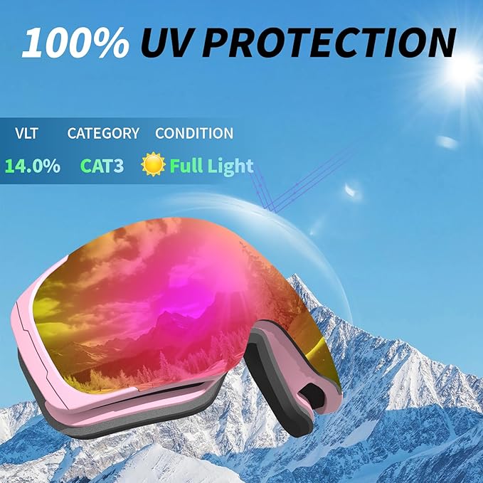 Ski Goggles for Men Women Adult & Youth, OTG Snowboard Goggles Anti Fog, Snow Goggles UV Protection Wide Vision