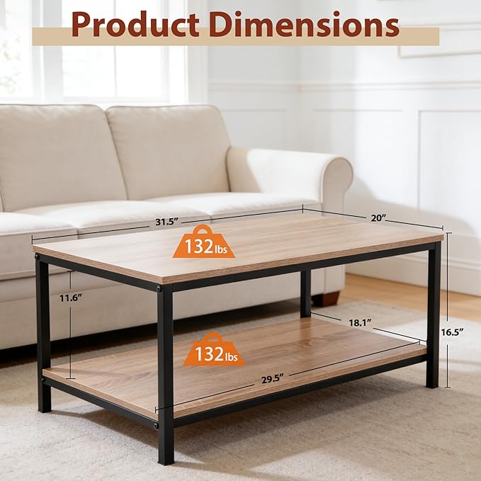 SUPER DEAL 2-Tier Industrial Coffee Table with Storage Shelf for Small Apartment Living Room, Rectangle Wood and Stable Metal TV Stand Side End Table, Natural Oak