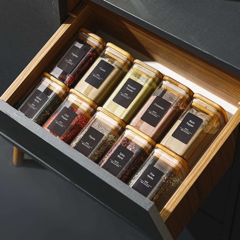 Homtop 16Pcs 9oz Spice Jars Glass Container with 275 Labels, Airtight Seasoning Empty Organizer with Bamboo Lid Set for Pepper, Salt, Sugar