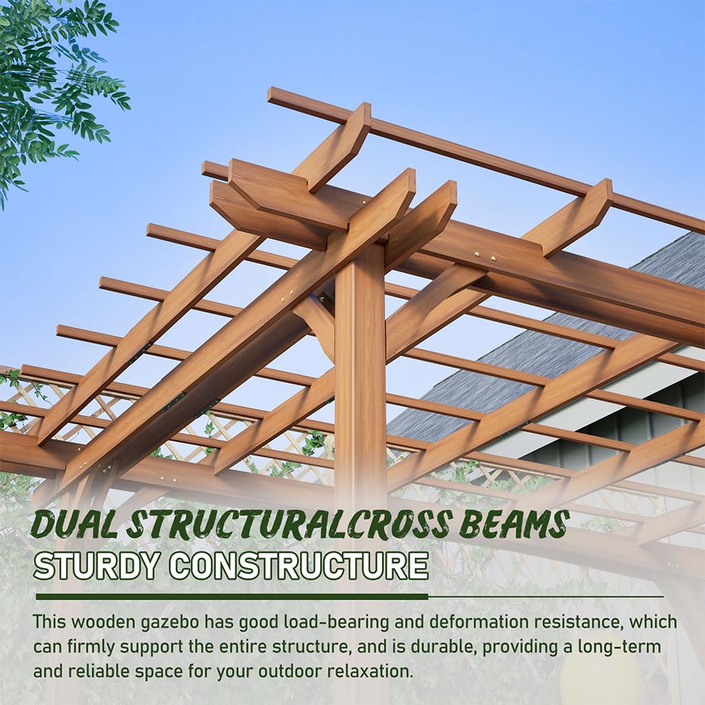 12x10 FT Wooden Pergola Gazebo for Patio Garden, Outdoor Wood Gazebo Pavilion with Trellis Roof, Fir Wood Garden Arbor Shelter for Backyard, Deck, Lawn, Waterproof Brown