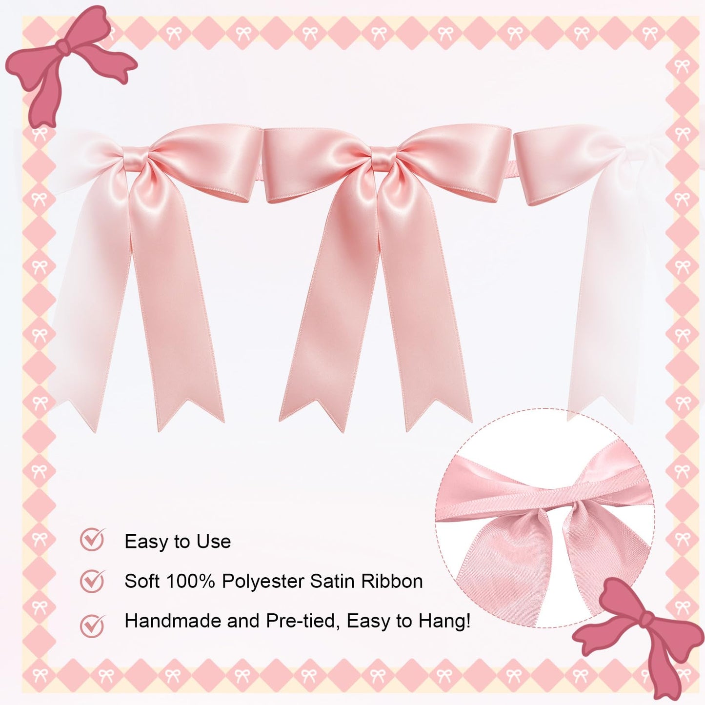 2 Strings of 16PCS Pink Bow Garland Banner Decoration,Pre-Strung Satin Ribbon Ornaments for Birthday,Bachelorette Party,Bridal Shower, Wedding,Engagement,Baby Shower, Graduation Deco,Anniversary
