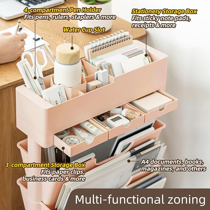 5 Tier Rolling Book Cart Multi-Functional Movable Storage Bookshelves with Lockable Wheels for Study Office Library Classroom, (Pink, with Wheel)
