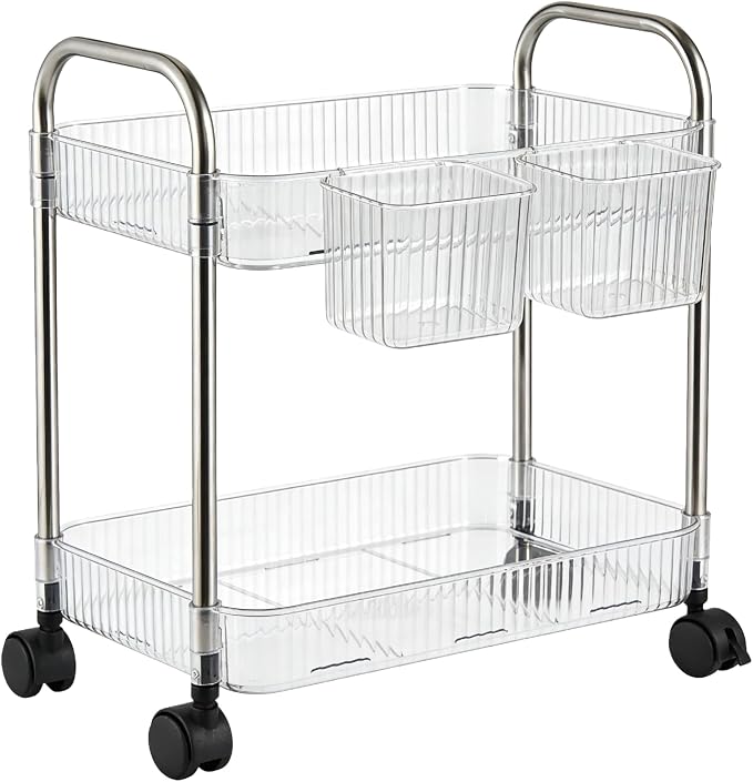 2 Tier Utility Rolling Cart with Wheels Sofa Side Table Small Under Desk Storage Organizer, Clear Acrylic Plastic Mobile Trolley Organization Storage Cart for Kitchen Pantry Bathroom Vanity