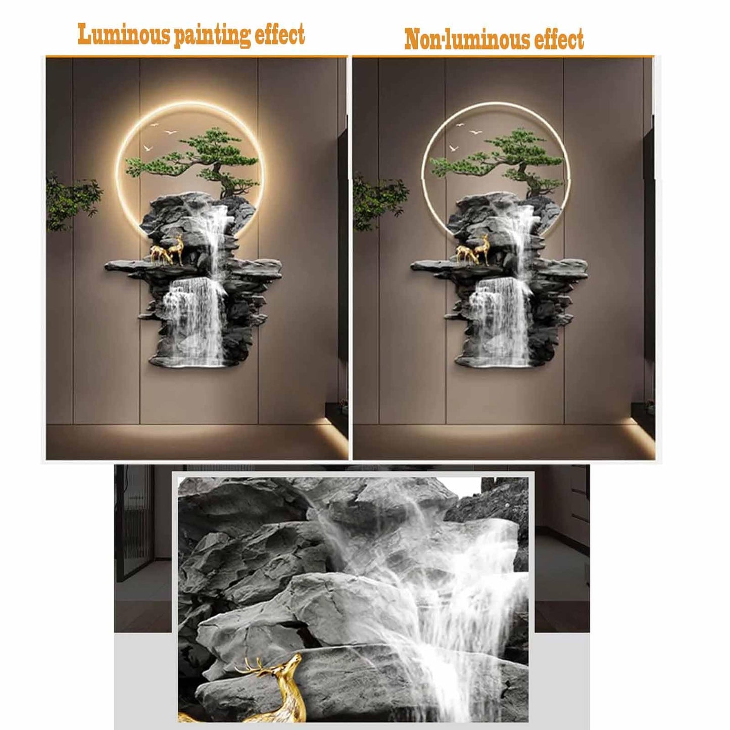 YFQHRXYS 3D Oriental Waterfall Wall Art with LED Light,Oriental Welcoming Pine Landscape for Living Room Office Decor,Modern Art Wall Decor Sculptures, Plug-in Power Supply, Remote Control（50 * 75cm）