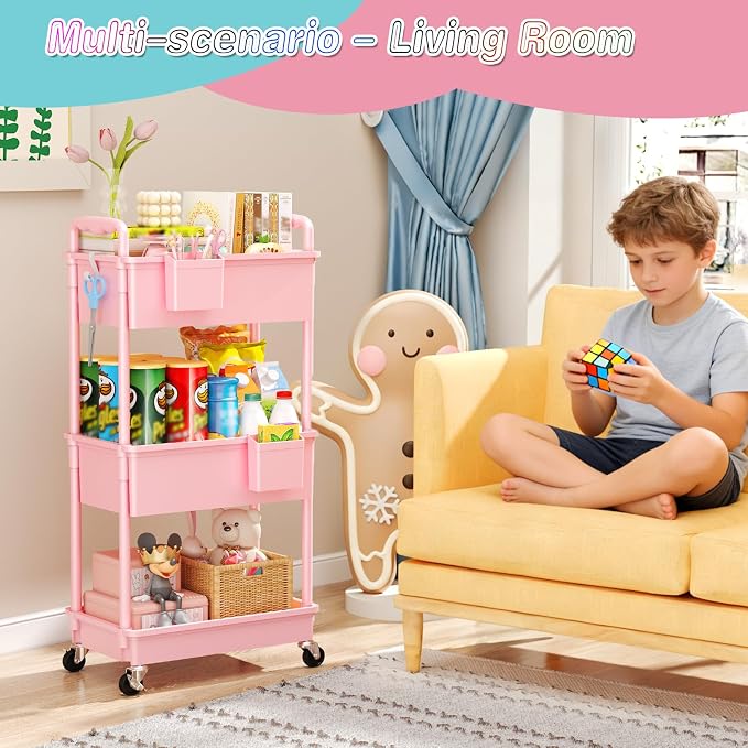 SUNALLY Baby Diaper Caddy Cart, 3 Tier Rolling Diaper Cart with Lockable Wheels for Nursery Essentials, Large Capacity & Easy Assemble Diaper Storage Organizer for Newborn,New Mom, Pink