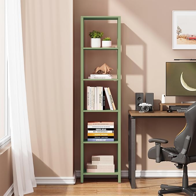 TUTOTAK Bookshelf, 6-Tier Tall Book Shelf, Narrow Bookcase for Small Space, DIY Stackable Bookshelf, for Living Room, Office, Study, Entryway, Industrial, Olive Green BS01BOG006