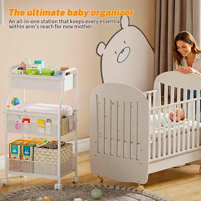 3-Tier Diaper Caddy Organizer & Rolling Cart,Metal Utility Cart with 4+2 Dividers & Lockable Silent Casters, Mobile Storage Cart for Nursery Essentials, Multi-Purpose for Kidsroom Changing Table