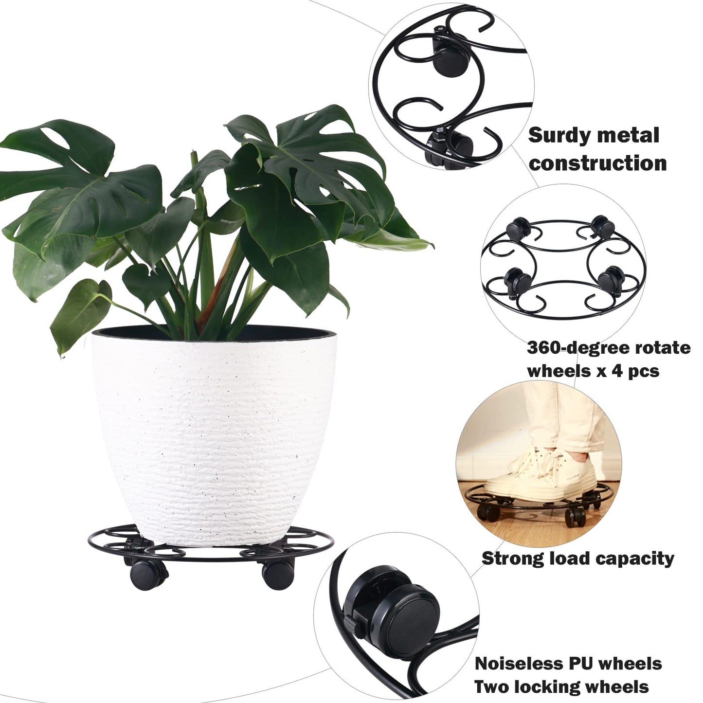 3 Packs 12.8" Metal Plant Caddy With Wheels - Large Rolling Stands Heavy-Duty Wrought Iron Roller Base Pot Movers Saucer Indoor Outdoor Dolly Coasters Planter Tray