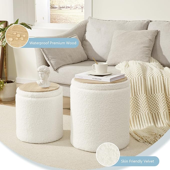 Royal Windsor Boucle Round Ottoman with Storage Set of 2,Small Foot Stool Ottoman for Living Room, Small Coffee Table,Vanity Stool with Storage for Bedroom, White