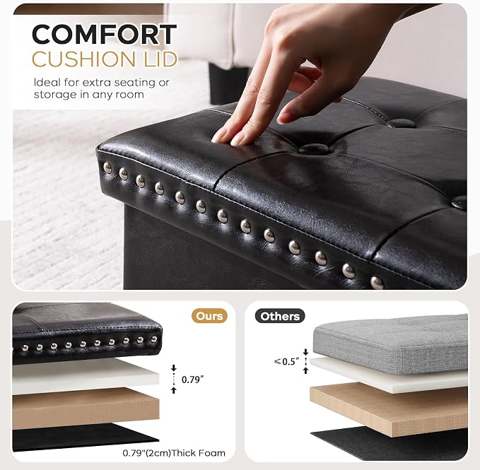 oakvivo Small Storage Ottoman Foot Rest Stool, 16x12x12 in Foldable Leather Footstool Storage Bench with Rivet Design, Thicker Foam Padded Seat, Footrest Under Desk for Living Room Bedroom, Black