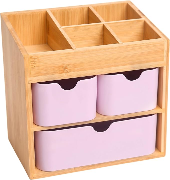 Bamboo Makeup Organizer with 3 Pink Drawers, Dresser Cosmetic Organizer Box,Bamboo Desk Organizer for Home with Adjustable Dividers