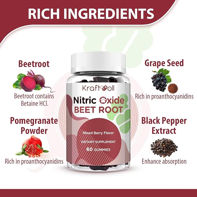 Beet Root Gummies 6000mg ??Nitric Oxide Booster with Grape Seed, Pomegranate, Vitamins C & B12 ??Nitric Oxide Supplements for Men ??Mixed Berry Flavor ??60 Gummies