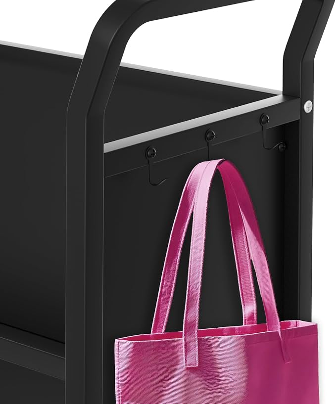 GarveeHome Book Cart, V-Shaped Metal Rolling Cart with 4 Lockable Wheels & Side Hooks, 3-Tier Storage Bookshelf for Home Library School Office Study(32 in x14 in x49 in), Black