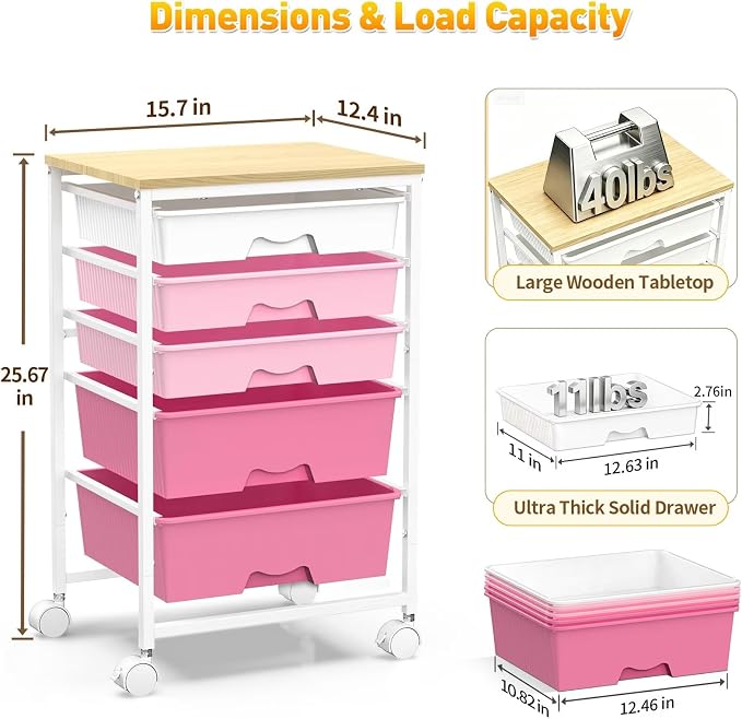 SUNALLY Rolling Storage Utility Cart With 5 Drawers, 5 Tier Rolling Cart with Wooden Tabletop and 2 Lockable Wheels, Storage Drawer Cart for Craft Art Supply Storage & Home Office Organization, Pink