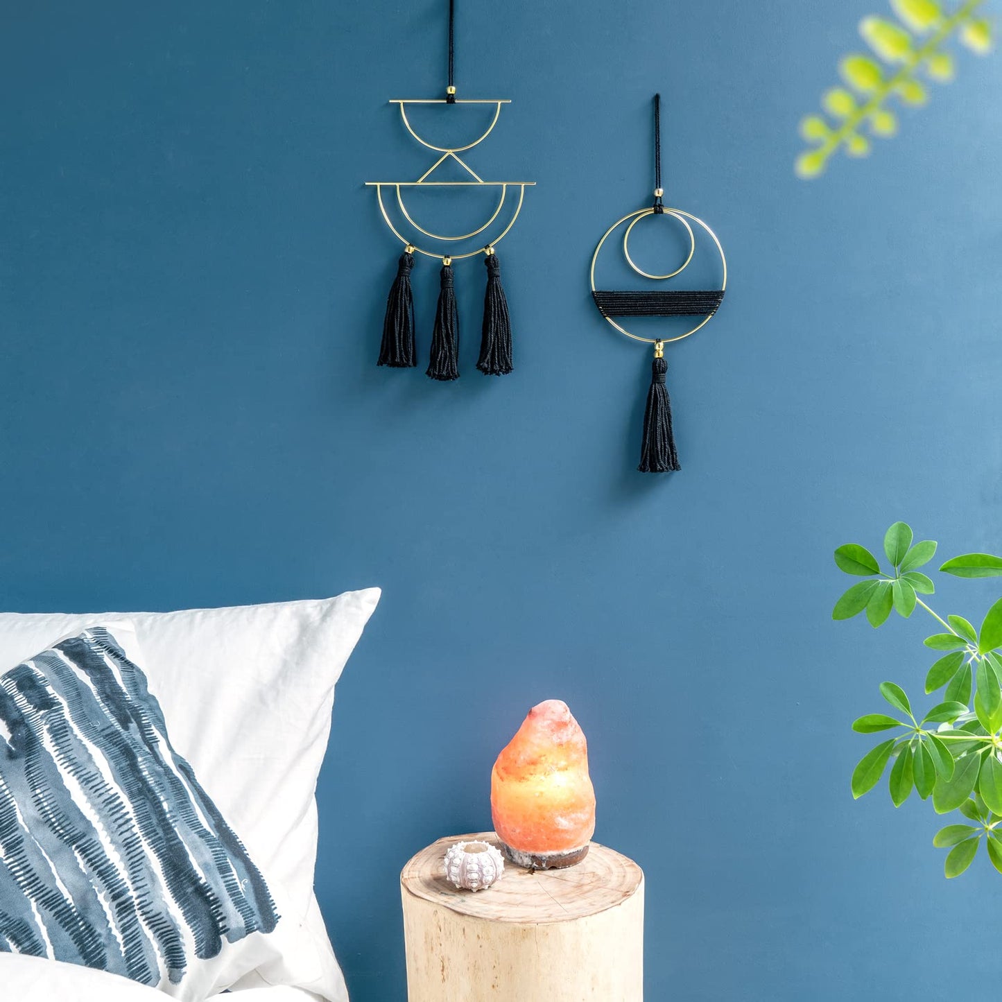 Mkono 2 Pcs Small Macrame Wall Hanging Boho Decor Cute Home Art Ornament with Gold Metal Ring for Bedroom Living Room Nursery Bathroom, 12.6''H x 7.6''W and 11.5''H x 5.9''W, X-Small