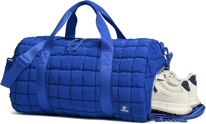 Quilted Duffel Travel Bag for Women, Puffer Gym Duffle Bag with Shoe Compartment Lightweight Large Crossbody Sport Bag Tote Blue