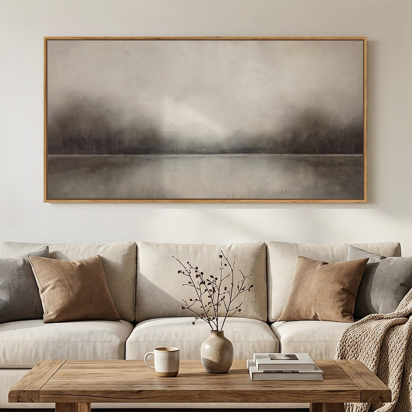 Large Framed Rustic Canvas Wall Art for Living Room, Neutral Abstract Nature Modern Prints Paintings Artwork for Walls, Horizontal Lake Landscape Pictures Wall Decor for Bedroom and Office, 30x60 In