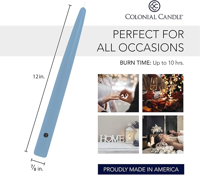 Colonial Candle Unscented Taper Candle, Handipt Collection, Coastal Blue, 12 in, Pack of 12 - Up to 10 Hours Burn