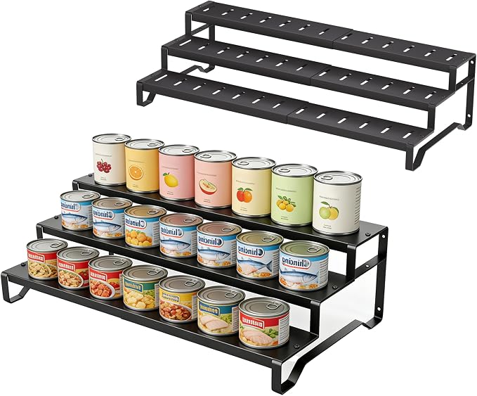 Attelite 3 Tier Expandable Can Rack Organizer for Pantry, Adjustable 13"-21" Metal Soda Can Organizer, Pantry Organization Canned Food Storage Holder for Kitchen Cabinet Countertop, Black 2Pack