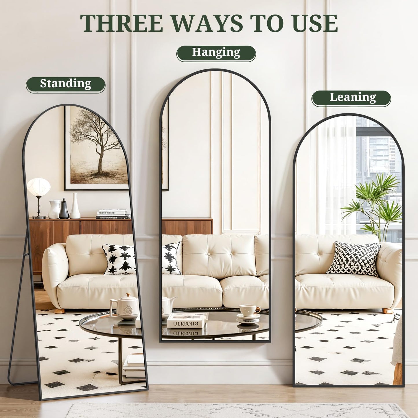 Mirror Full Length 64"x21" Full Body Floor Mirror with Stand, Shatterproof Glass, Aluminum Alloy Frame, Free Standing Wall Mounted or Leaning Arched Mirrors for Bedroom Living Room Entryway