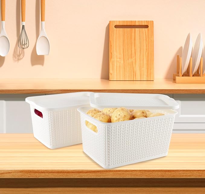 Onion and Potato Storage Bins,Stackable Plastic Pantry Bins with Lids,BPA-Free,Potatos and Onions Storage Baskets for Kitchen (White)