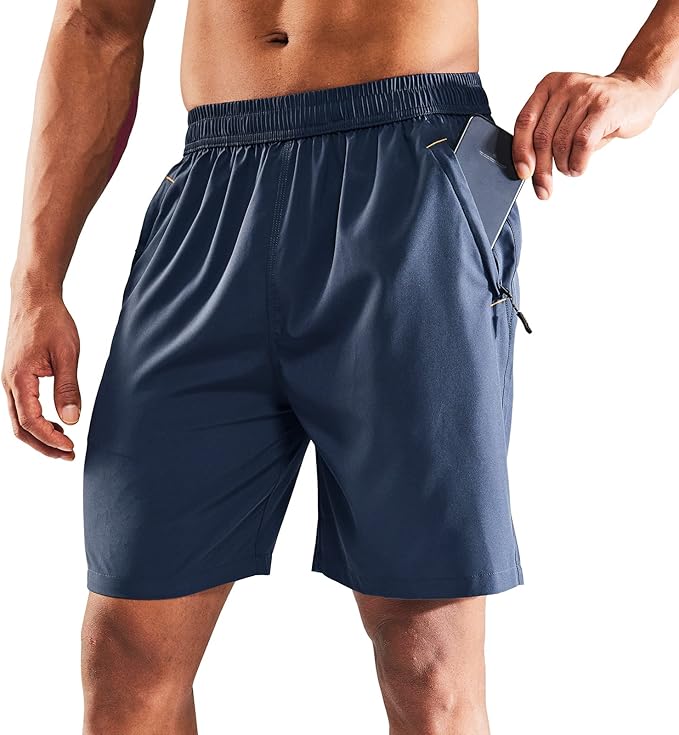 MIER Men's Quick Dry Running Shorts with Zipper Pocket, Elastic Waist Athletic Workout Exercise Fitness Shorts, 7 Inch