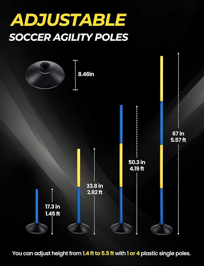 SEAOTTER Soccer Agility Poles with Rubber Base, 10 Pcs Detachable Sports Speed Agility Training Equipment, Agility Sticks for Football, Rugby, Basketball, Slalom, Indoor & Outdoor