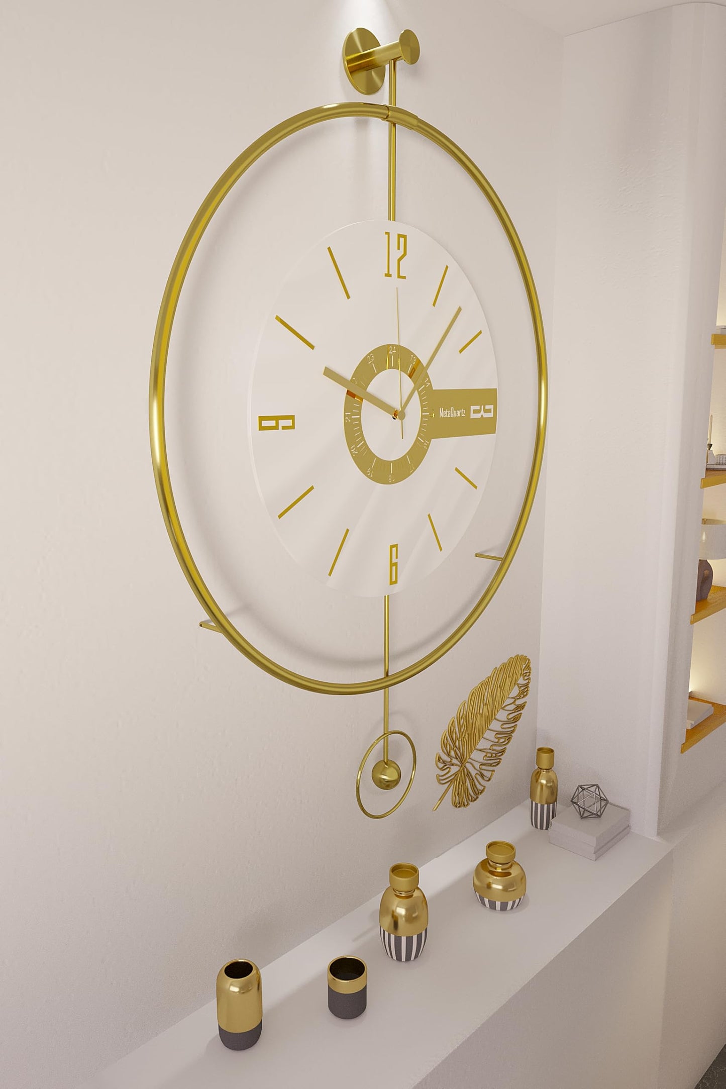FUNTLY Large Luxury LED Backlit Wall Clock – Pendulum Roman Numeral Metal Ring, Silent Non-Ticking Decorative Clock for Living Room Bedroom Entryway, Modern Halo Glow (Elit Gold)