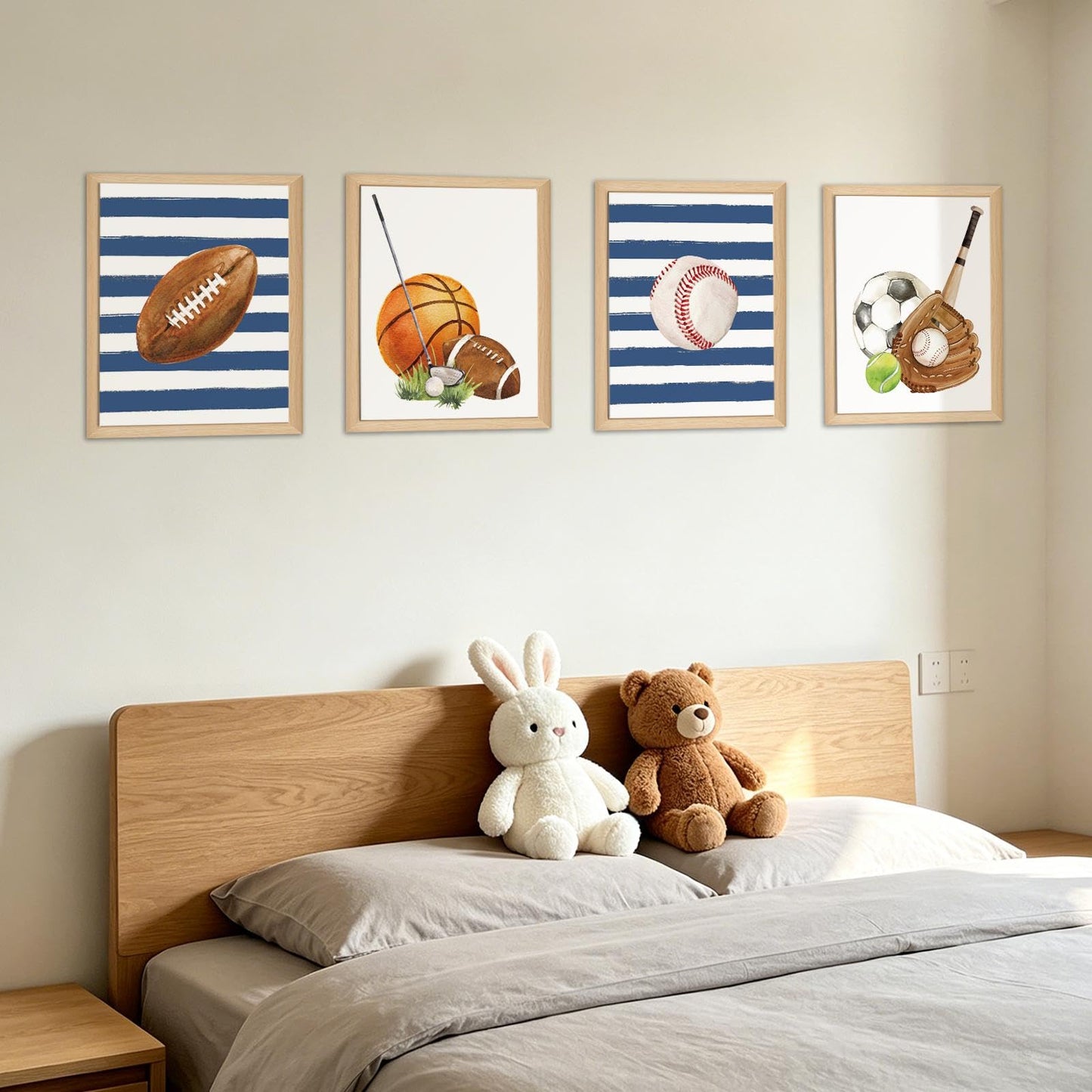 Hapons Sport Themed Wall Art Decor Posters, Basketball Baseball Football Soccer College Teen Boys Men Kids Room Bedroom Playroom Dorm Wall Art Prints, Aesthetic Tennis Golf Blue Striped Nursery Wall Decor Sport Lover Gifts 8''x10'' 4 PCS Unframed