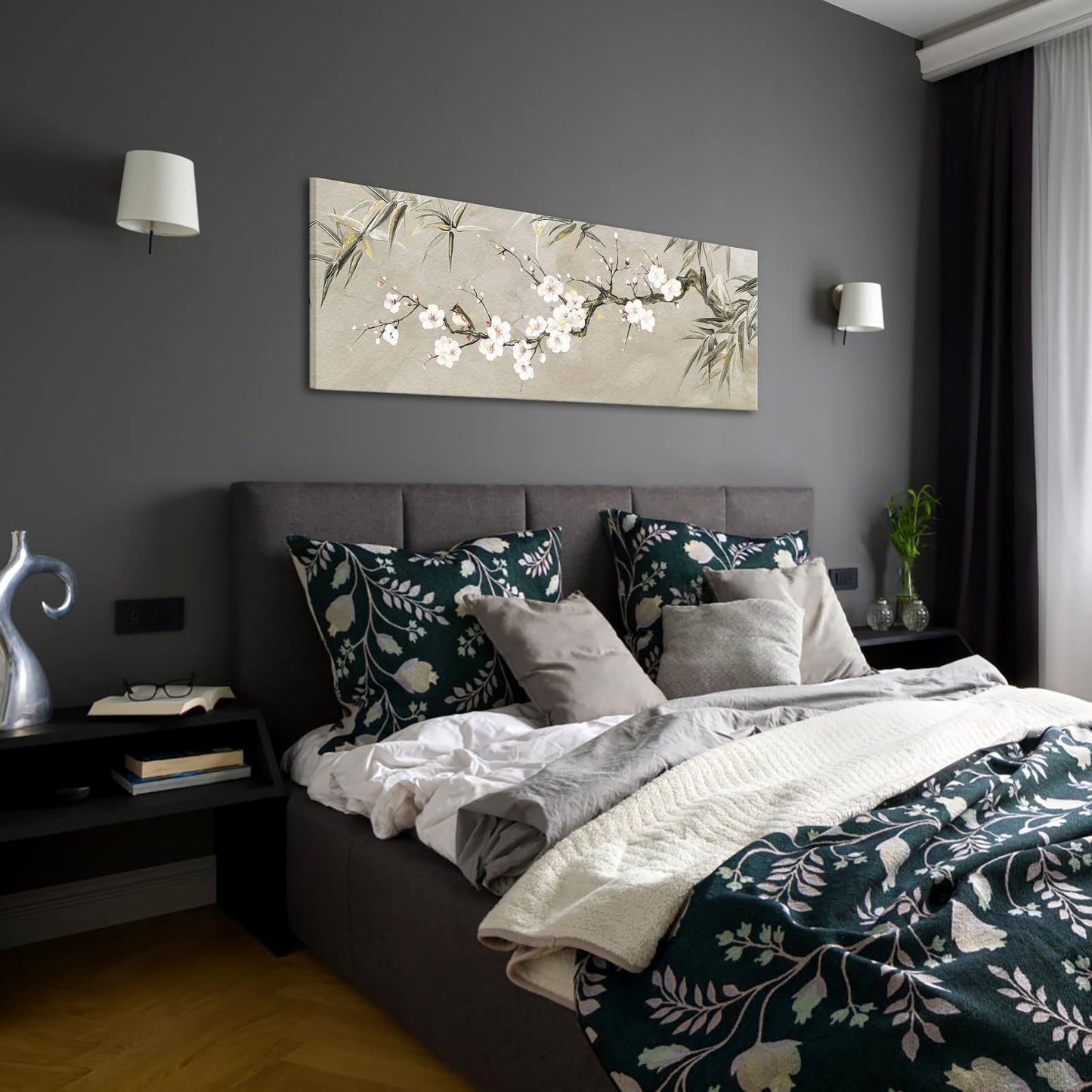 KREATIVE ARTS Large Bamboo Plum Blossoms Chinese Traditional Wall Art Canvas Painting with Birds, Black Grey Gold Print, Modern Home Living Room Decoration, 20x55 Inches